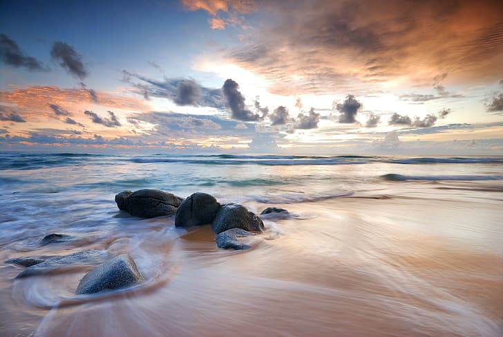 sand, sea, beach, summer, the sky, sunset, shore, seascape, beautiful, HD wallpaper