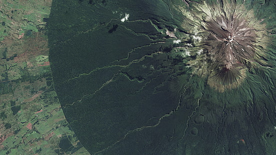 fotografi satelit gunung, alam, lanskap, pemandangan udara, Selandia Baru, pegunungan, hutan, awan, lapangan, Taranaki, gunung berapi, Wallpaper HD HD wallpaper