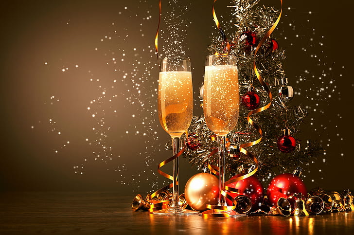champagne, glasses, tape, christmas tree, balls, champagne, glasses, tape, christmas tree, balls, HD wallpaper