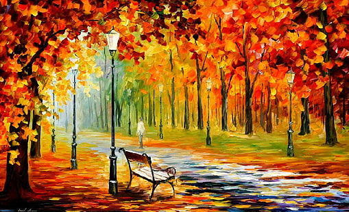 Leonid Afremov, mężczyzna stojący obok drzew i malowanie ławek, Art And Creative,, art, Tapety HD HD wallpaper