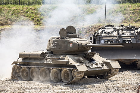 серый боевой танк, дым, танк, советский, средний, т-34-85, HD обои HD wallpaper