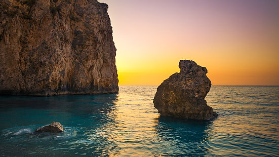 sea, rock, sky, coast, sunset, cliff, seastack, horizon, sea stack, stack, shore, rock formation, lefkada island, greece, milos beach, lefkada, HD wallpaper HD wallpaper