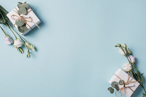 Hintergrund, Geschenk, Blumen, Bogen, Eustoma, HD-Hintergrundbild HD wallpaper