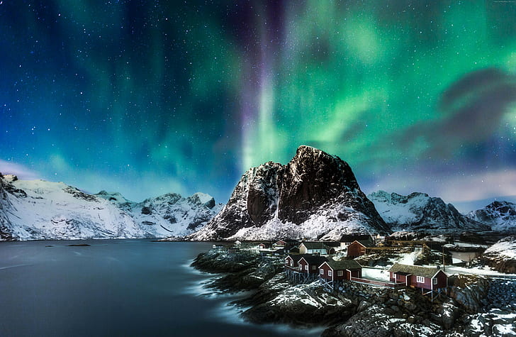5k, mar, noche, aurora boreal, Europa, Noruega, islas Lofoten, montañas, Fondo de pantalla HD