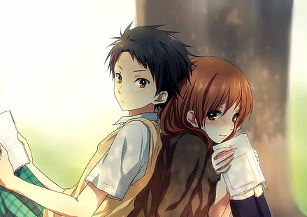 Anime, Paar, Mädchen, Kerl, Liebe, Schule, Baum, Uniform, HD-Hintergrundbild HD wallpaper