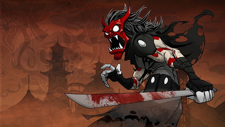 Romanfigur mit roter Maske beim Halten der Schwertillustration, Mal der Ninja, Ninjas, HD-Hintergrundbild