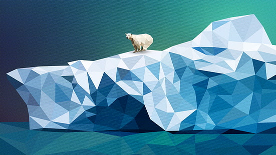 biały niedźwiedź polarny na szczycie lodowej góry ilustracja, góra lodowa, niedźwiedzie polarne, low poly, sztuka cyfrowa, grafika, lód, natura, Tapety HD HD wallpaper