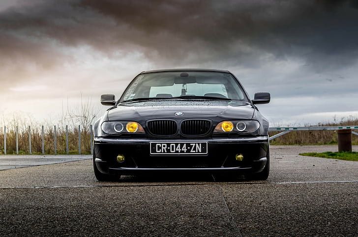 BMW E46 330 Headlights, black bmw car, bmw, E46, 330, stance, asphalt, tuning headlights, HD wallpaper