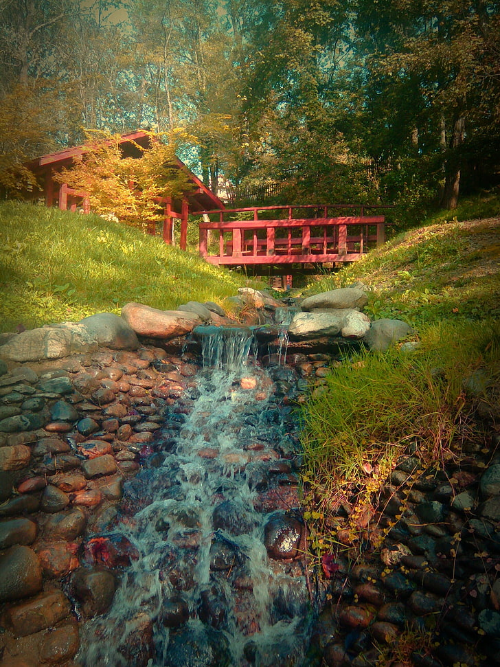Natur, Brücke, Steine, Wasser, Gras, Bäume, HD-Hintergrundbild, Handy-Hintergrundbild