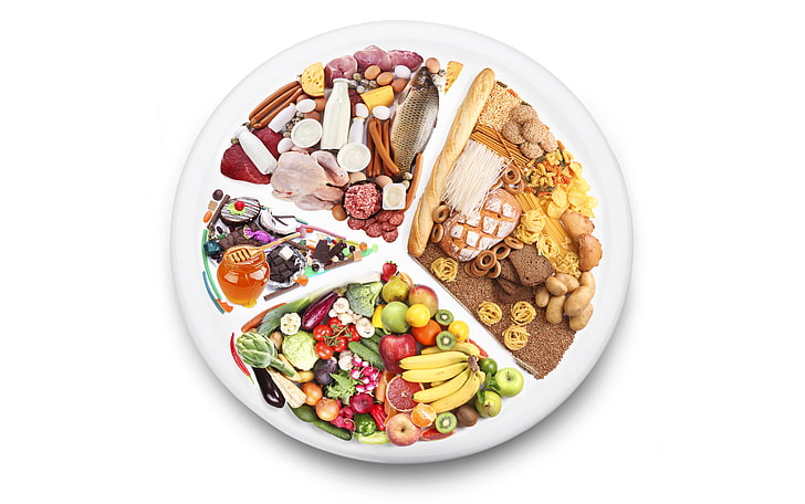white chip and dish plate, apples, sausage, chocolate, fish, oranges, cheese, kiwi, milk, bow, strawberry, plate, bread, eggplant, bananas, meat, fruit, honey, vegetables, tomatoes, carrots, spaghetti, cabbage, baguette, grapefruit, firewood, cucumbers, drying, mushrooms, broccoli, burgers, honey dipper, radishes, asparagus, cellophane, sweets, HD wallpaper