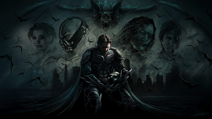 باتمان ، ثلاثية فارس الظلام ، باين (دي سي كوميكس) ، بات ، كريستيان بايل ، هيث ليدجر ، وجهان، خلفية HD