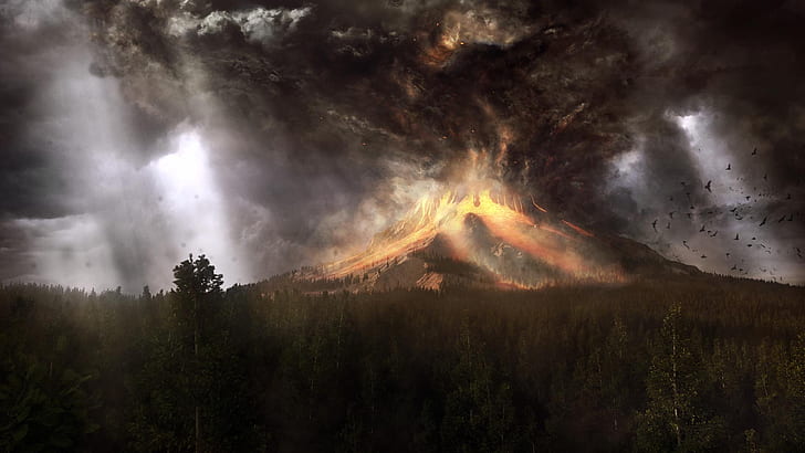 Volcan en éruption sous Burning Skies HD, gravure, éruption, ciel, volcan, Fond d'écran HD