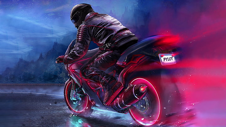 sepeda olahraga hitam dan merah, seni digital, sepeda motor, pilot, seni fantasi, neon, lukisan, berwarna-warni, Wallpaper HD