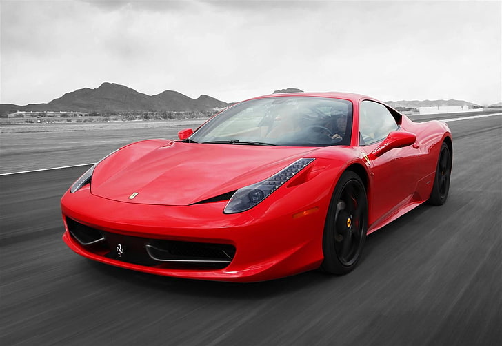 czerwony samochód sportowy, Ferrari, Ferrari 458, samochód, wybarwienie selektywne, czerwone samochody, pojazd, Tapety HD