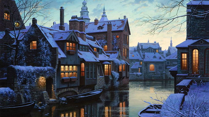 ทางน้ำ, ฤดูหนาว, เบลเยี่ยม, Bruges, การสะท้อน, ตอนเย็น, บ้าน, บ้าน, ท้องฟ้า, น้ำ, หิมะ, ย่าน, ยุโรป, ต้นไม้, คลอง, วอลล์เปเปอร์ HD