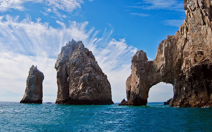 rock formation at the sea, sea, rock, arch, cliff, island, beach, Mexico, clouds, nature, water, landscape, Cabo San Lucas, HD wallpaper