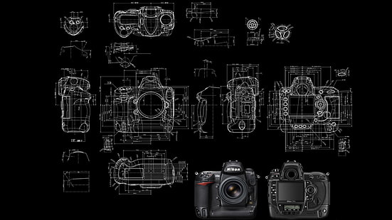 검은 DSLR 카메라, 다이어그램, 회로도, 카메라, 니콘, HD 배경 화면 HD wallpaper