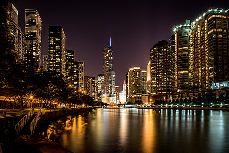 กลางคืนชิคาโกตึกระฟ้าสหรัฐอเมริกาเส้นขอบฟ้าทิวทัศน์ยามค่ำคืน, วอลล์เปเปอร์ HD HD wallpaper