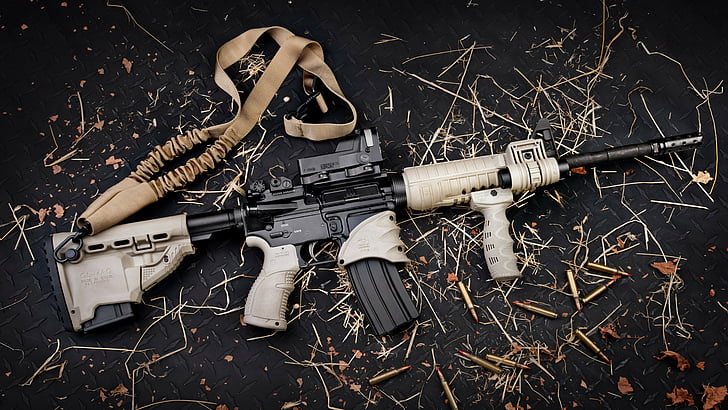 fucile d'assalto beige e nero, AR-15, TAN, corporatura, serpente di Gilboa, doppia canna, personalizzato, munizioni, proiettili, Sfondo HD