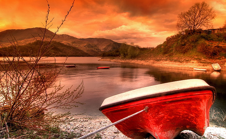 The Resting Place, Europe, Italy, Nature, Landscape, Shore, Boat, red boat, Borgo San Pietro, HD wallpaper