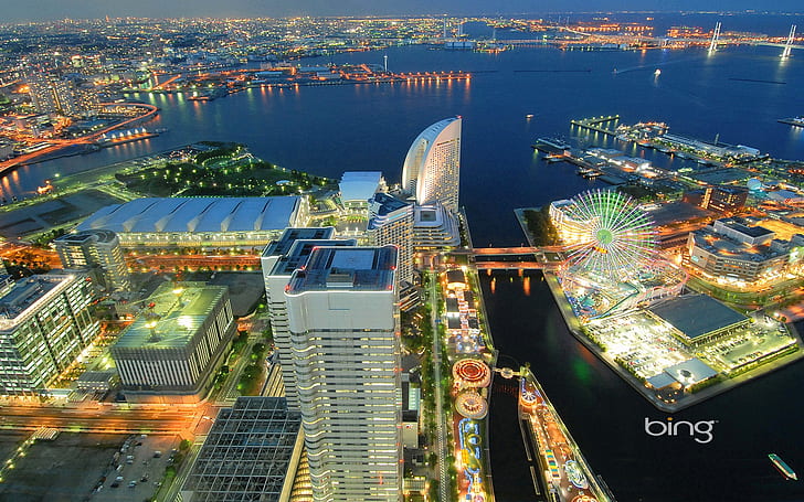 横浜港、海の横にある高層ビルの空撮、横浜港、 HDデスクトップの壁紙