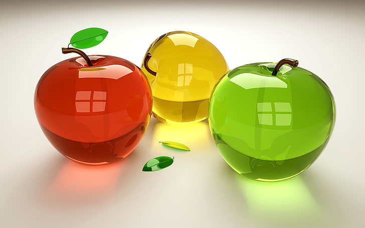 red, yellow, and green glass apples illustration, 3d, fruit, glass, HD wallpaper