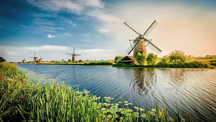 бежево-черная ветряная мельница, канал, нидерланды, ветряная мельница, Роттердам, HD обои