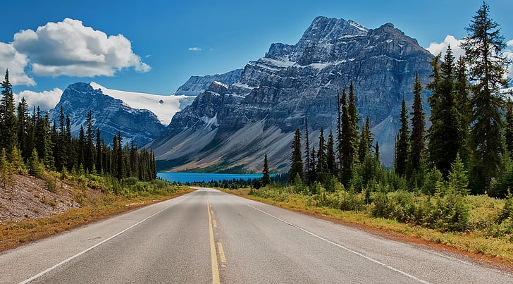 canadense, canadense, lago, montanhas, estrada, montanhas rochosas, árvores, HD papel de parede