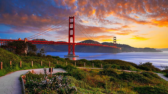 空、橋、ゴールデンゲートブリッジ、サンフランシスコ、雲、カリフォルニア、アメリカ合衆国、アメリカ、サンフランシスコ湾、湾、 HDデスクトップの壁紙 HD wallpaper