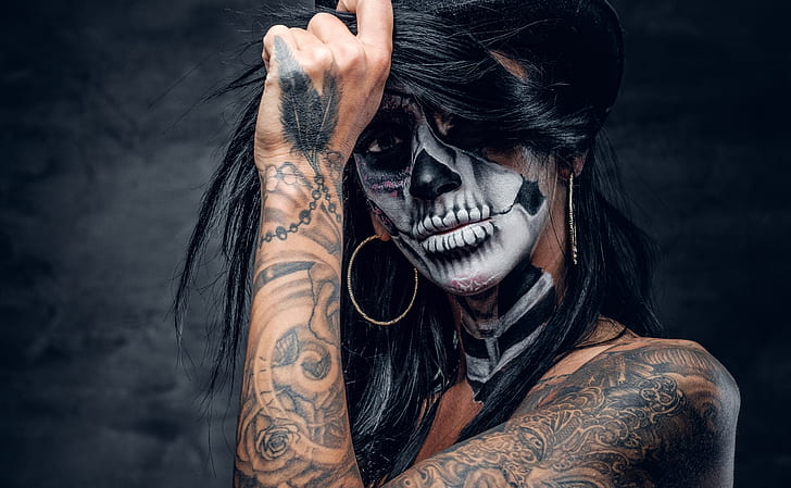 woman, hair, hands, tattoos, feather, fingers, makeup, hatter, day of the dead, HD wallpaper