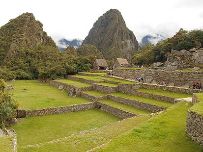 зелени планини, Мачу Пикчу, Перу, сгради, трева, HD тапет HD wallpaper
