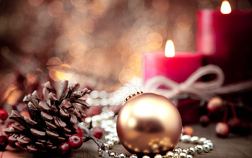 Christmas, New Year, Christmas ornaments, cones, candles, HD wallpaper HD wallpaper