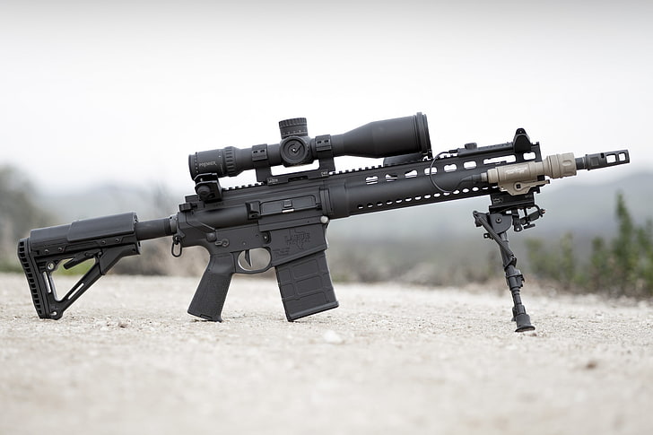 black assault rifle with scope, weapons, flashlight, optics, rifle, carabiner, assault, fry, Larue Tactical, semi-automatic, HD wallpaper