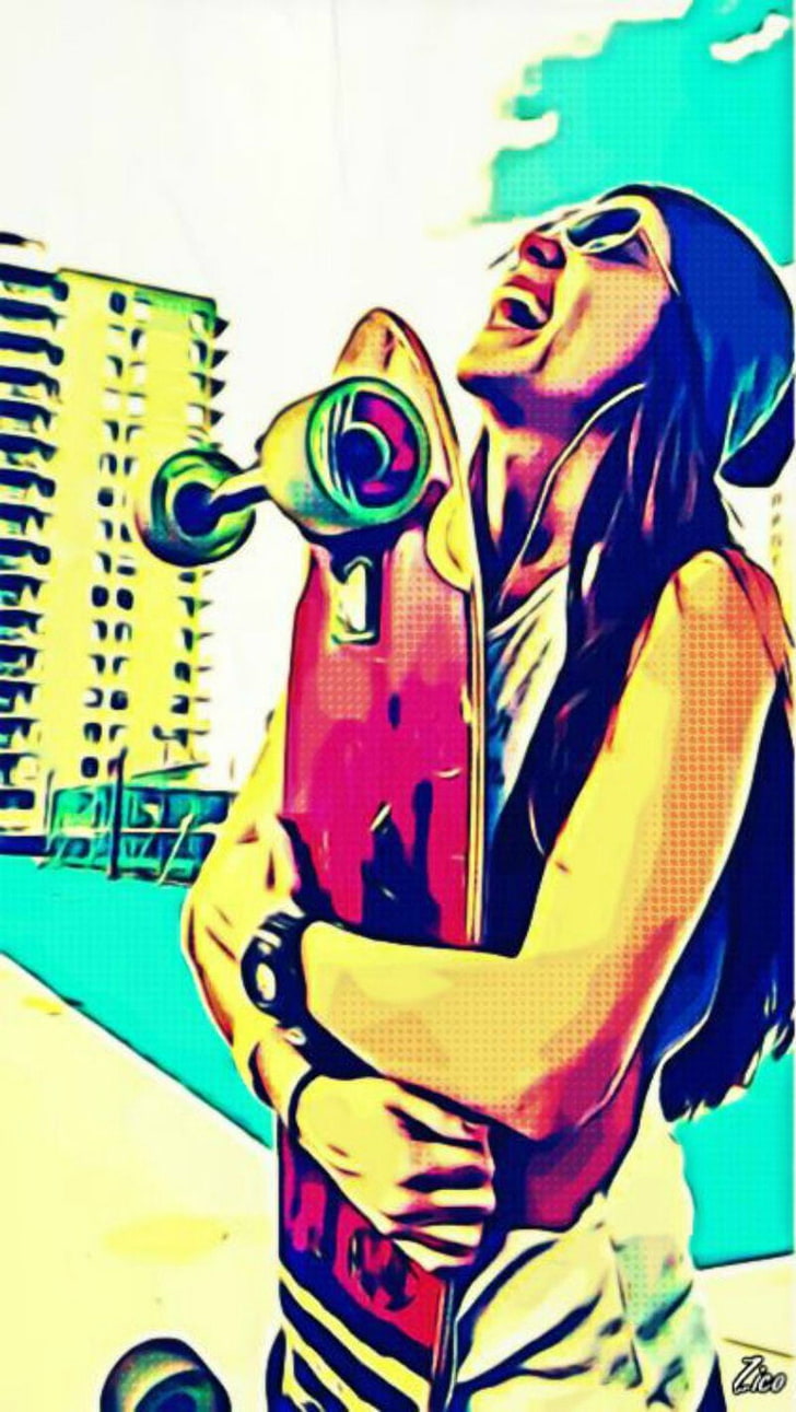 skateboard rosso, skateboard, donne, arte digitale, cartone animato, faccia felice, felice, felicità, bocca aperta, Sfondo HD, sfondo telefono