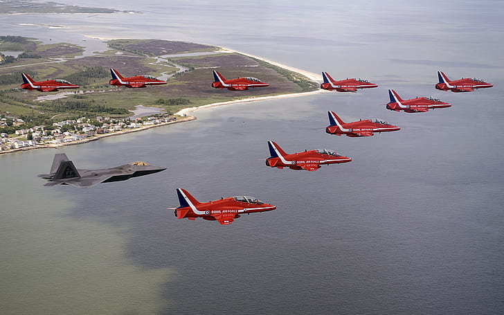 F 22 Raptors HD, dziewięć czerwonych odrzutowców bojowych, samoloty, f, 22, raptory, Tapety HD