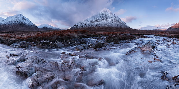 time laps photo of river in front of snowy mountain, Shepherd, Glens, time, laps, photo, river, front, snowy mountain, Scotland, West Highlands, Buachaille Etive Mor, mountain, nature, mountain Peak, snow, landscape, scenics, outdoors, travel, ice, glacier, blue, beauty In Nature, HD wallpaper HD wallpaper