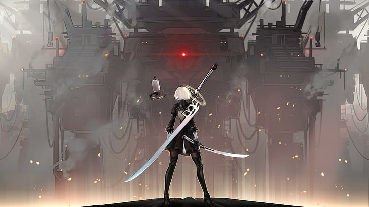 personaje femenino con espada \, nier: autómatas, yorha no.2 tipo b, vista posterior, espada grande, juegos de estilo anime, Anime, Fondo de pantalla HD
