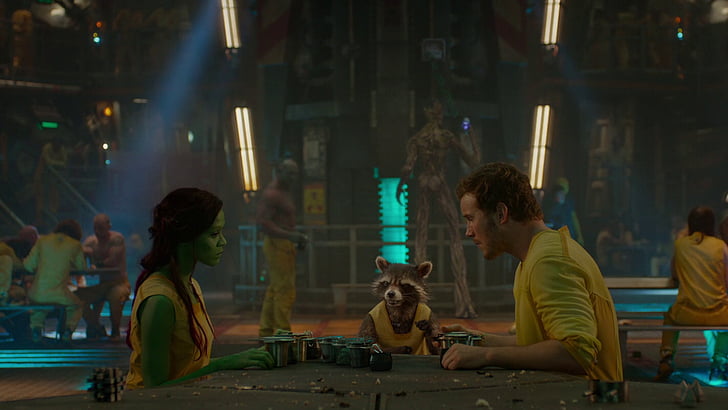 Guardiões da Galáxia, Chris Pratt, Gamora, Peter Quill, Rocket Raccoon, Zoe Saldana, HD papel de parede