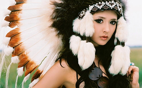 brunette, Headdress, Leah Dizon, Native Americans, HD wallpaper HD wallpaper