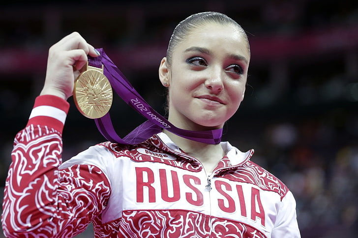 women's white and red zip-up collared top, girl, face, background, beauty, athlete, gold medal, gymnast, London 2012, world champion, Summer Olympics 2012, Summer Olympic games 2012, RUSSIA, Aliya Mustafina, Olympic champion, HD wallpaper