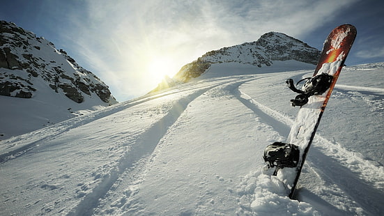 winter, snowboard, Sun, snow, mountains, HD wallpaper HD wallpaper