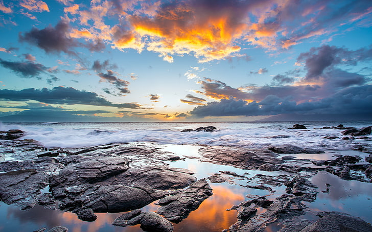 landscape view of ocean horizon, blue sky and white clouds during sunset photography, clouds, coast, Hawaii, rock, reflection, nature, landscape, HDR, sea, HD wallpaper