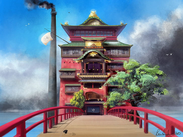 japan hayao miyazaki träd spirited away badrum hus anda ben anime hus moln ghibli bad ch Arkitektur hus HD konst, japan, Hayao Miyazaki, HD tapet