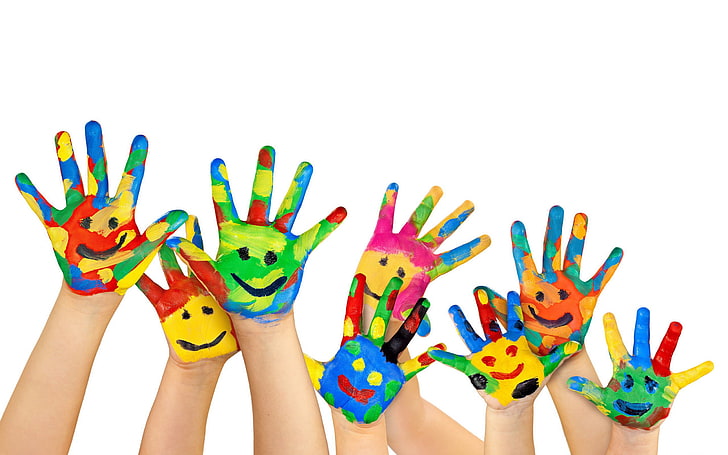 multicolored painted hands, BACKGROUND, WHITE, CHILDREN, HANDS, COLOR, SMILE, PAINT, FINGERS, PALM, CHILDHOOD, HD wallpaper
