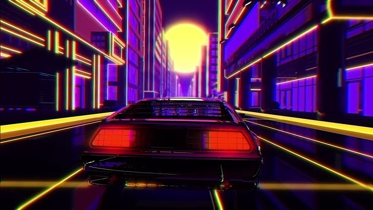 Samochód retro, Retrowave, DeLorean, ulica, miasto, zachód słońca, 4K, Tapety HD