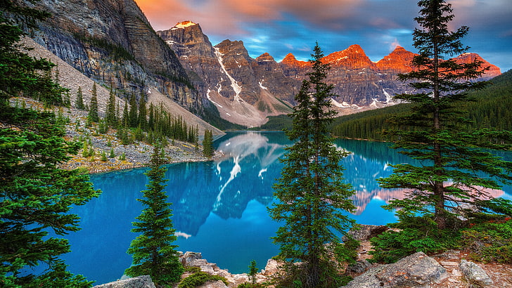 fundo azul do desktop da montanha lago 8k, HD papel de parede