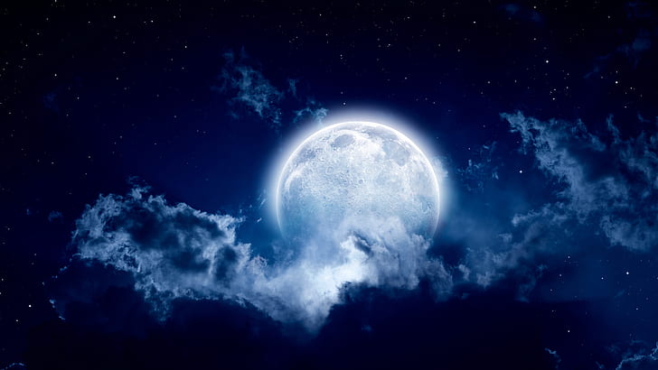 нощно небе, звездно небе, пълнолуние, луна, звездна нощ, небе, астрономически обект, лунна светлина, нощ, 8k uhd, тъмнина, синьо, небесно събитие, HD тапет