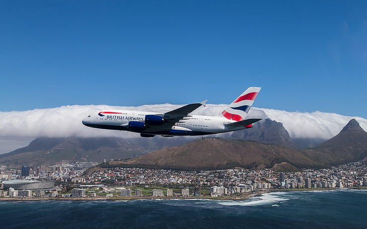 aircraft, airplane, Airbus, A380, Airbus A-380-861, Cape Town, city, HD wallpaper