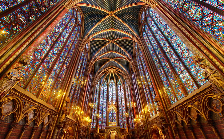 大聖堂の内部、黄色、青、および灰色の大聖堂、建築、ゴシック様式、教会、パリ、大聖堂、フランス、アーチ、宗教、 HDデスクトップの壁紙