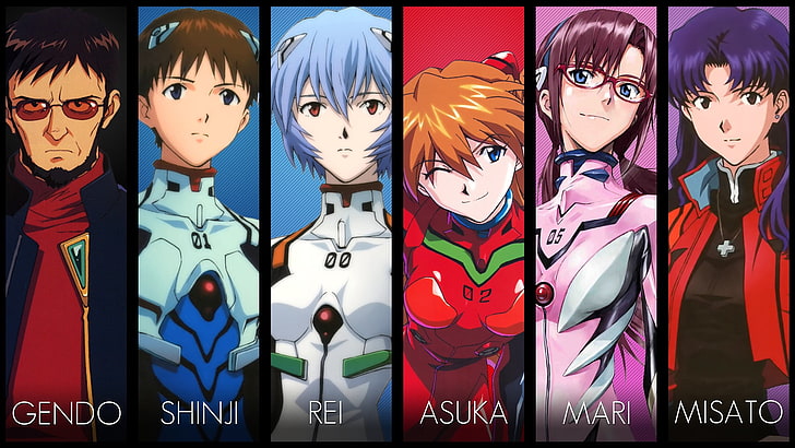 Vier verschiedene Kleidungsfarben: Neon Genesis Evangelion, Ikari Shinji, Asuka Langley Soryu, Ayanami Rei, Katsuragi Misato, Gendo Ikari und Makinami Mari, HD-Hintergrundbild
